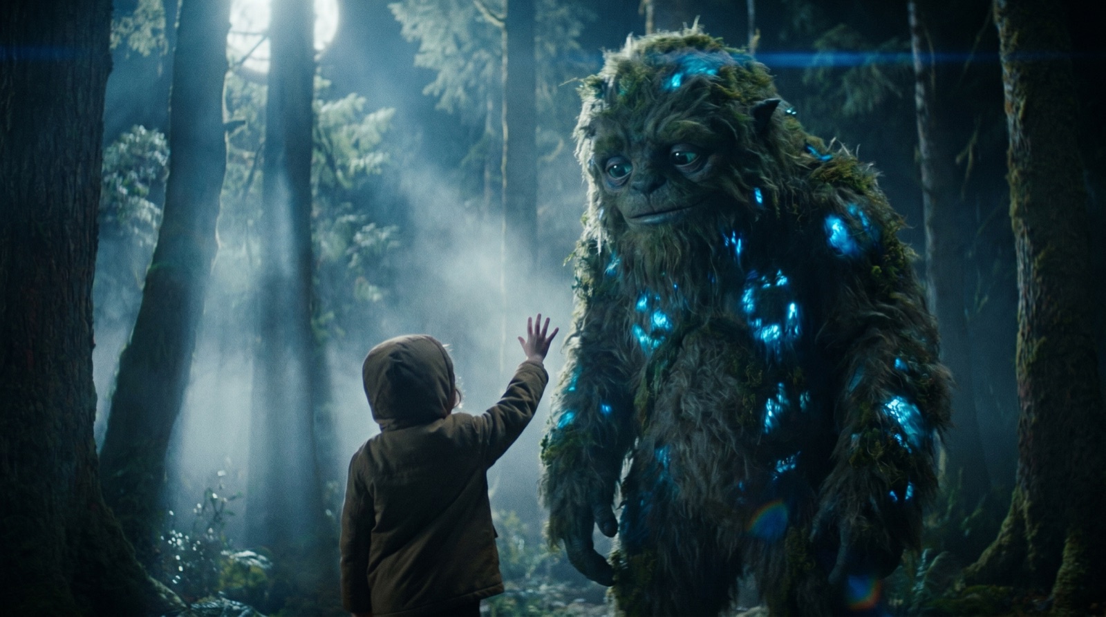 Cinematic creature VFX still - a child meets a forest creature