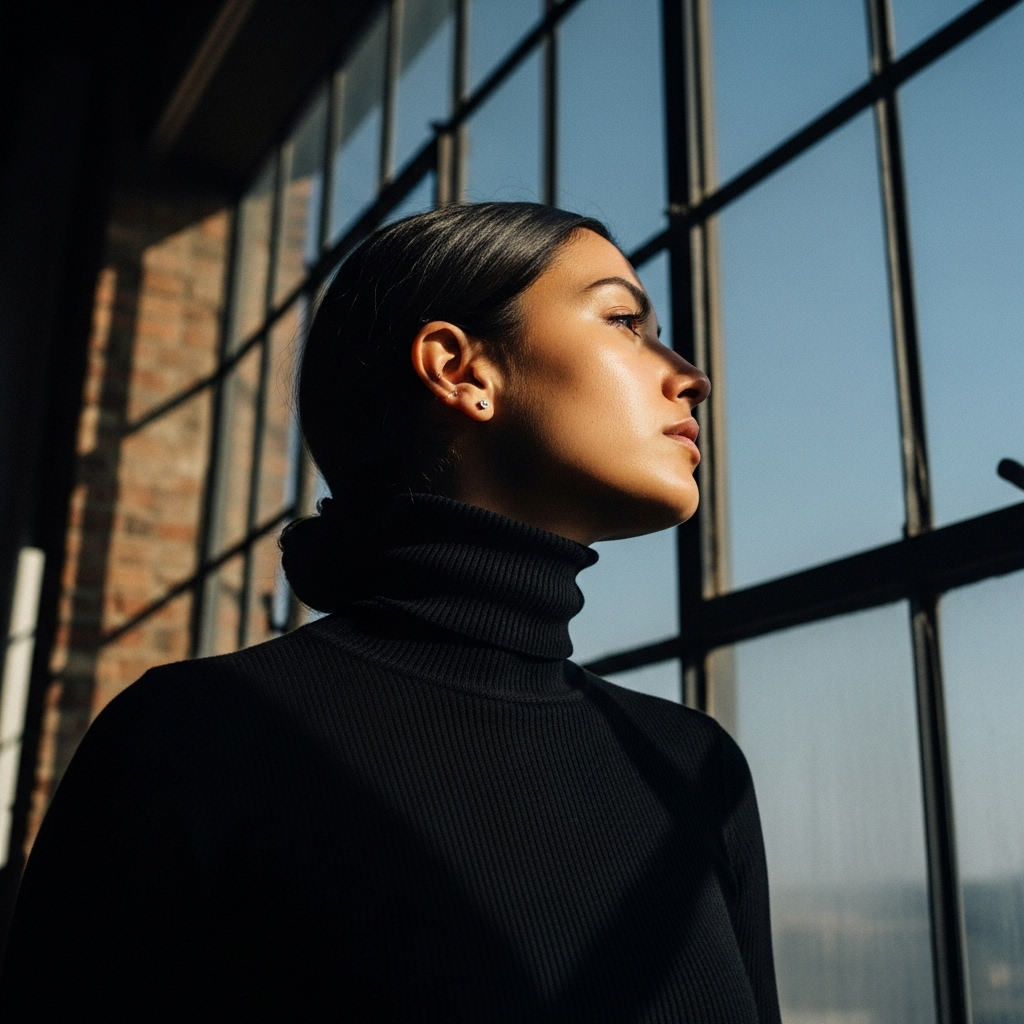 AI-generated fashion imagery - woman in turtleneck by window