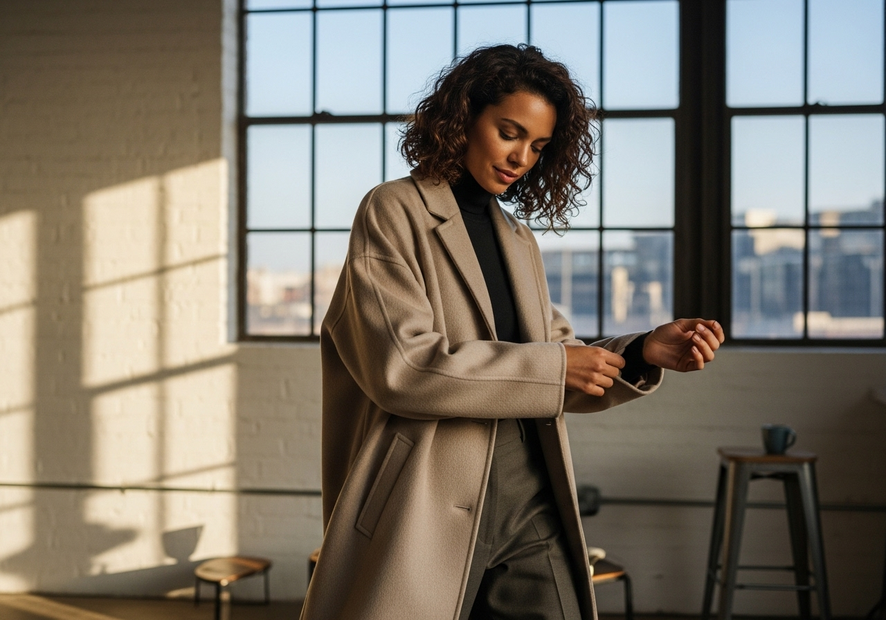 AI-generated fashion imagery - woman in coat, studio lighting