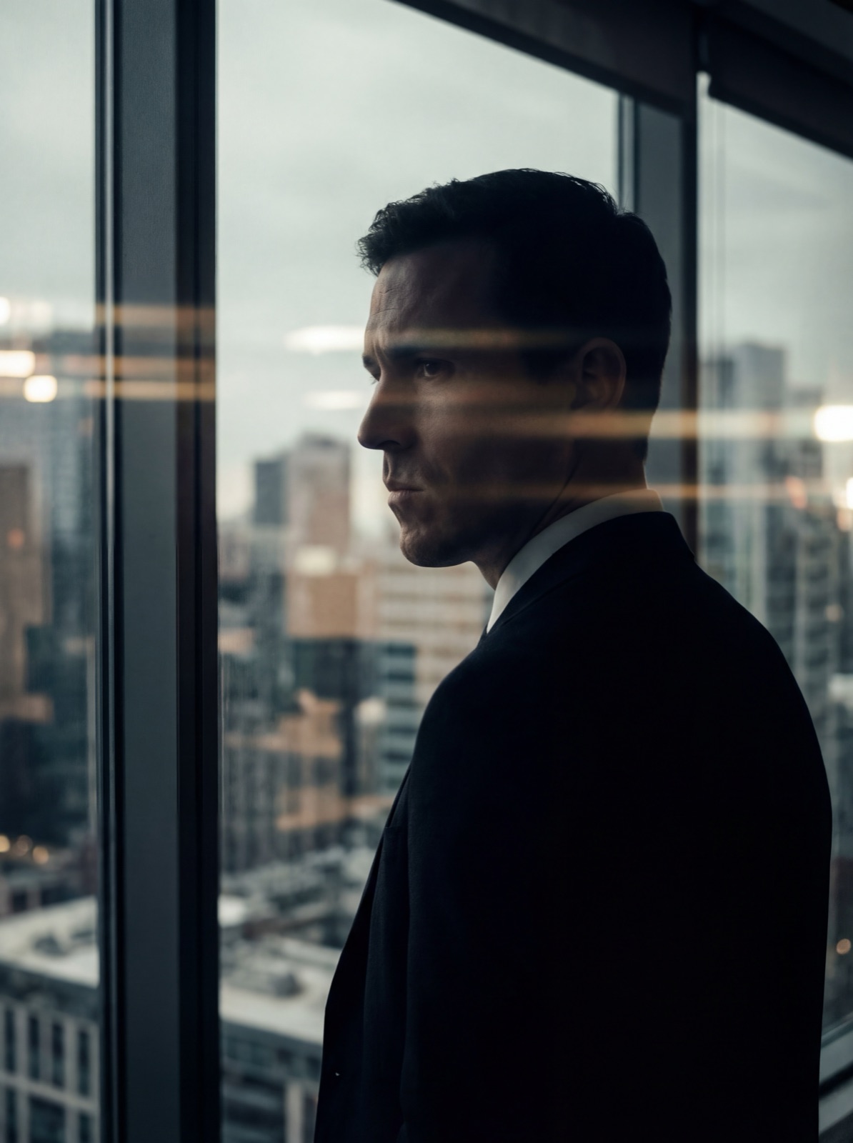 AI-generated brand imagery - executive at a high-rise window
