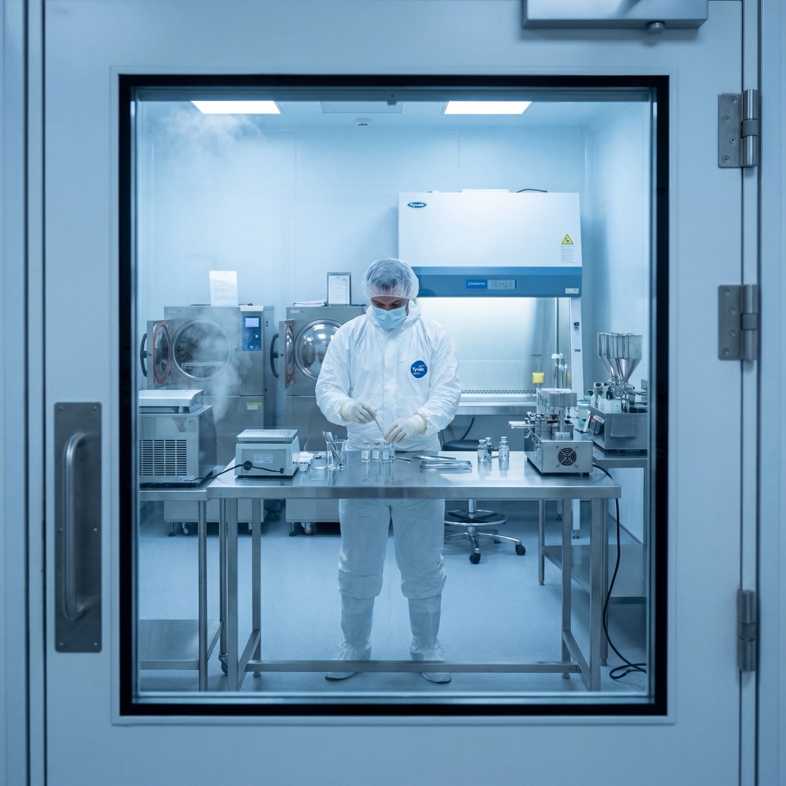 AI-generated brand imagery - lab technician in a cleanroom