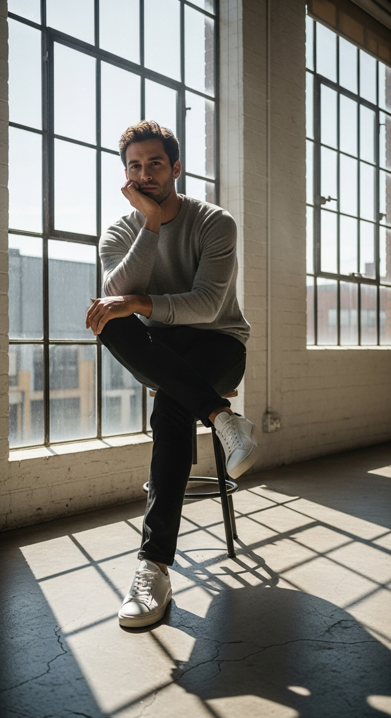 AI-generated fashion imagery - man leaning against window