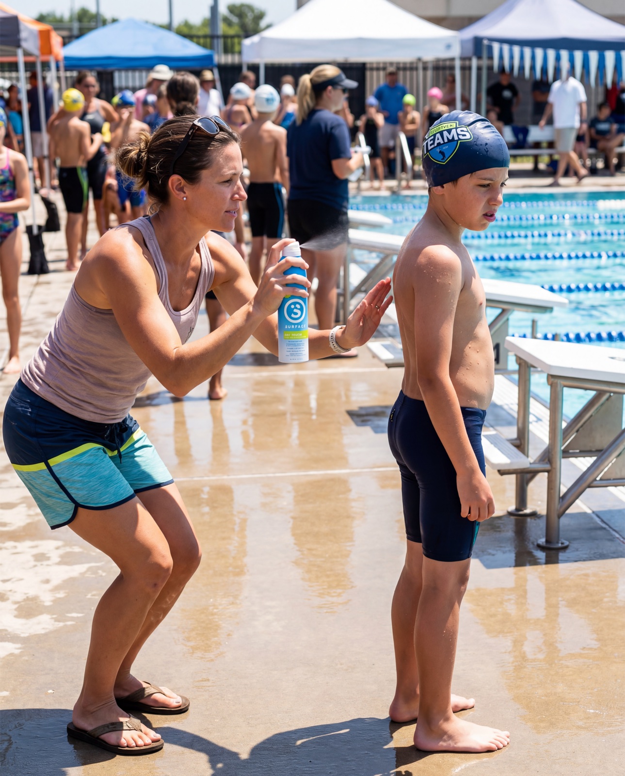 Surface Sunscreen - mom applying spray on her son at the pool