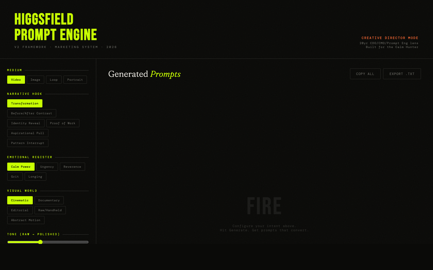 Higgsfield Prompt Engine - custom AI video prompt generator